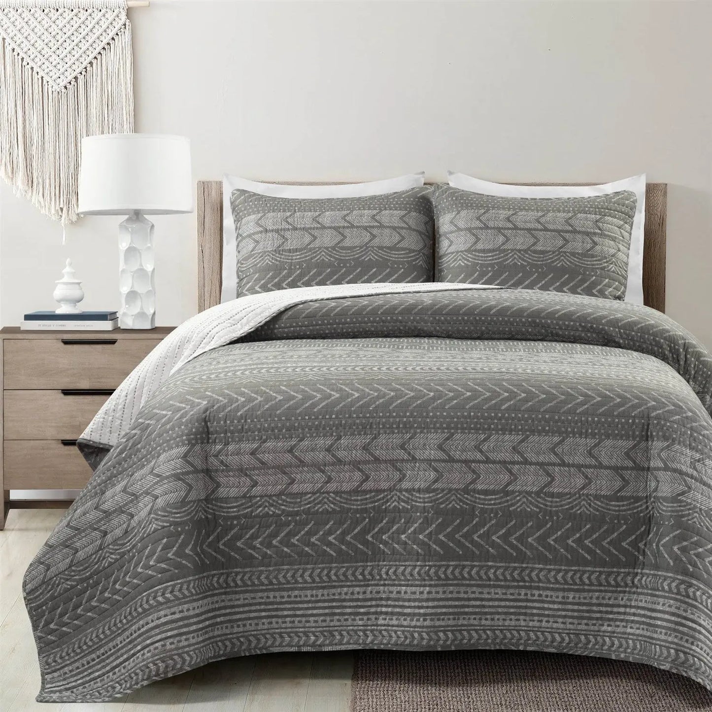 King Size Scandinavian Dark Grey Chevron Stripe Reversible Cotton Quilt Set FastFurnishings