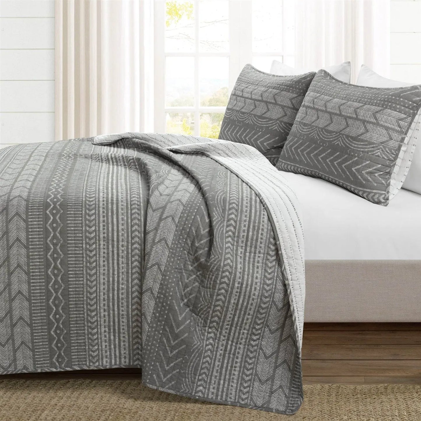 King Size Scandinavian Dark Grey Chevron Stripe Reversible Cotton Quilt Set FastFurnishings