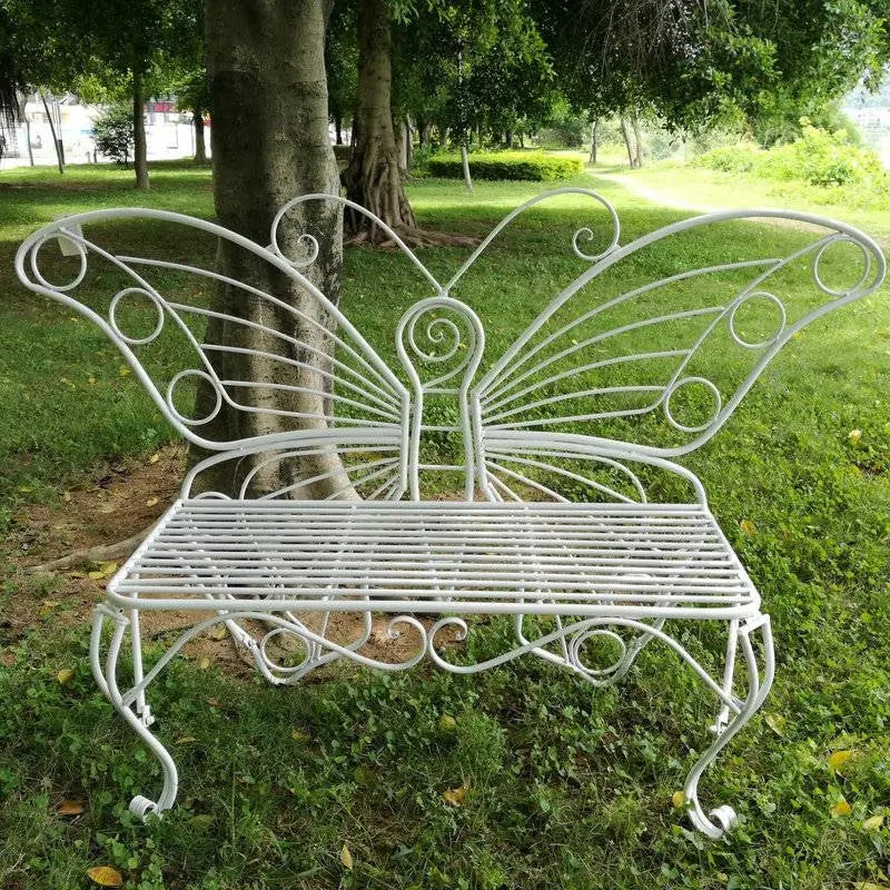 Modern Outdoor Butterfly Garden Bench in White Metal Finish FastFurnishings