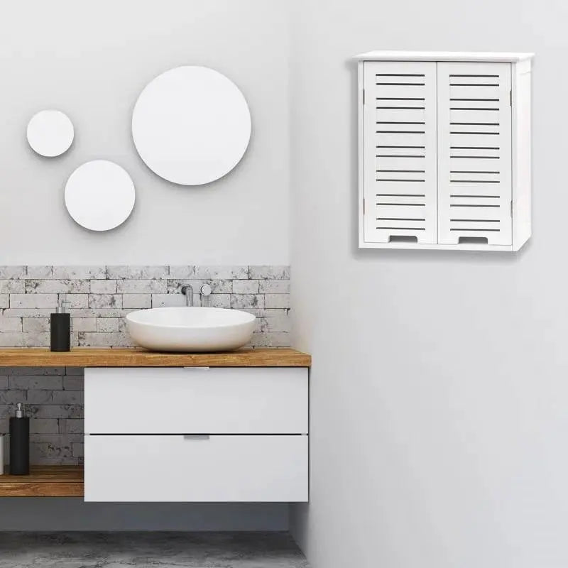 Wall-Mount Bathroom Storage Cabinet with Louver Doors in White Wood Finish FastFurnishings