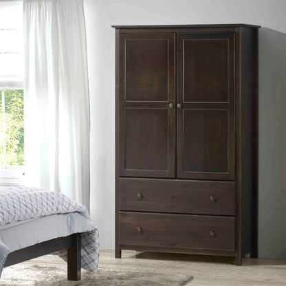 Brown Espresso Solid Wood Bedroom Armoire Wardrobe Cabinet with Hanging Bar FastFurnishings