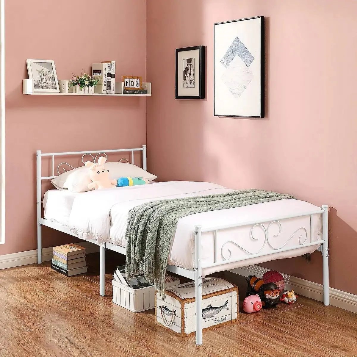 Twin size White Metal Platform Bed Frame with Headboard and Footboard FastFurnishings