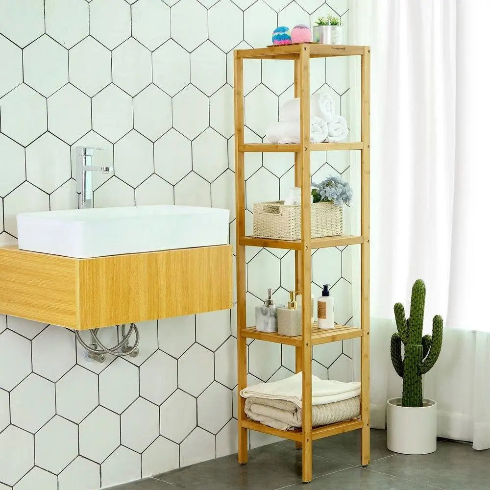 Slim 4-Shelf Natural Bamboo Wooden Shelving Unit Storage Rack Bookcase FastFurnishings