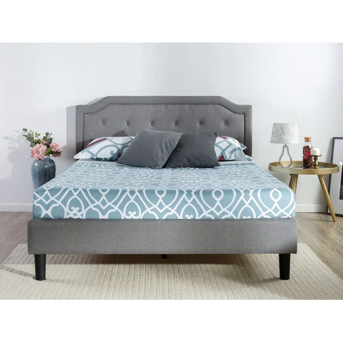 King size Grey Upholstered Platform Bed with Classic Button Tufted Headboard FastFurnishings