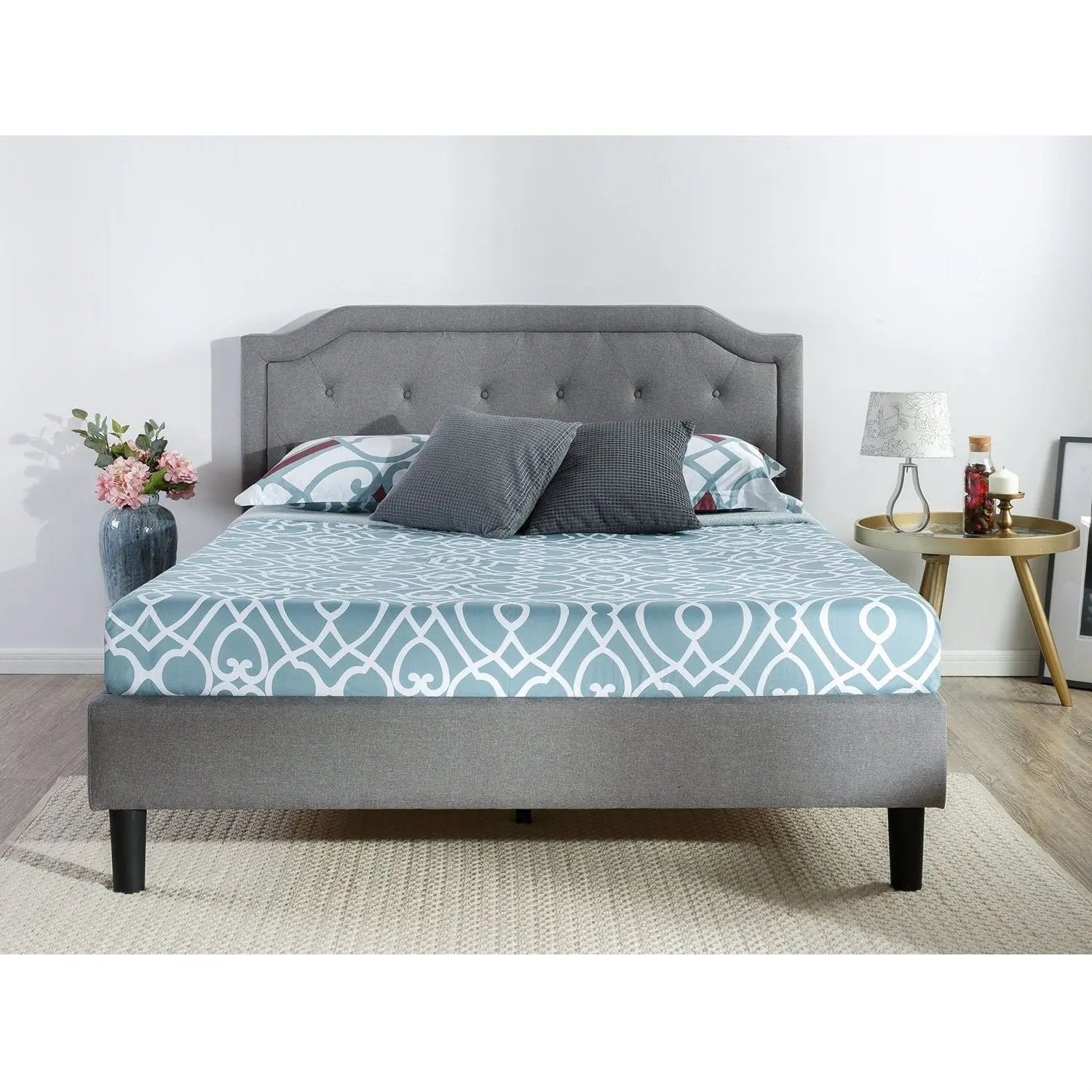 King size Grey Upholstered Platform Bed with Classic Button Tufted Headboard FastFurnishings