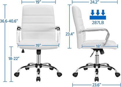 Office Desk Chair Mid-Back Leather Computer Chair Height Adjustable Ergonomic Executive Chair W/Lumbar Support Comfy Thick Padded Armrests and Seat, White ShipItFurniture
