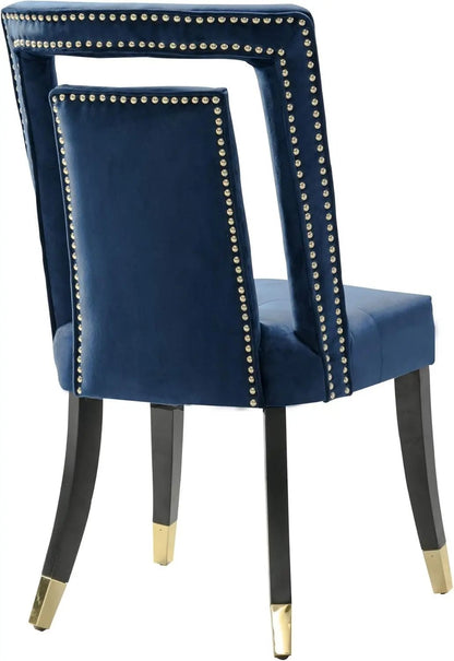Elsie Dining Side Chair Velvet Upholstered Nailhead Trim Seat Espresso Finished Gold Tip Tapered Wood Legs Modern Transitional (Set of 2), Navy-3