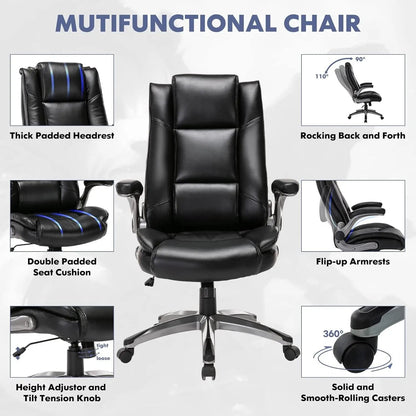 Leather Executive Office Chair - High Back Home Computer Desk Chair with Padded Flip-Up Arms, Adjustable Tilt Lock, Swivel Rolling Ergonomic Chair for Adult Working Study, Black-4
