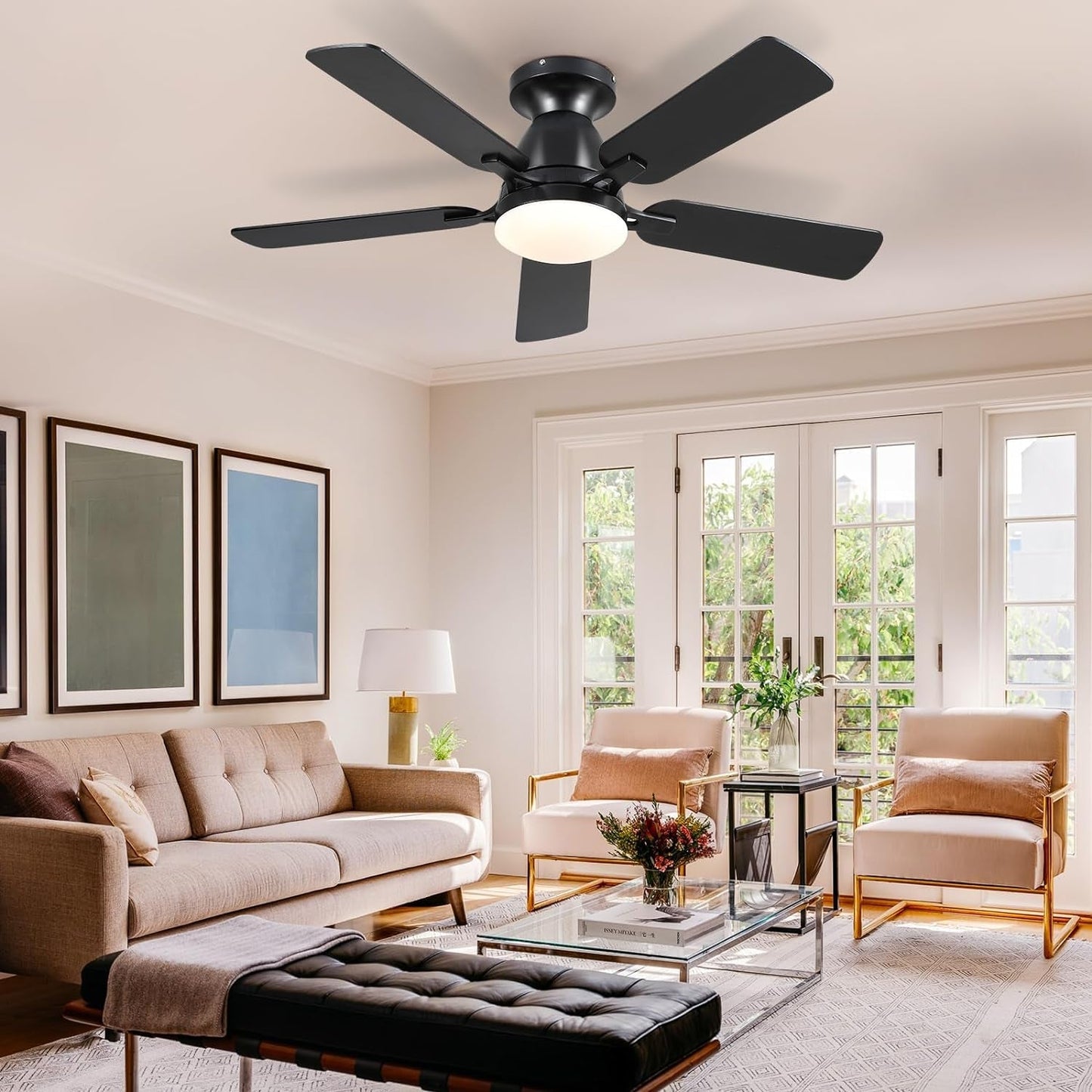 Ceiling Fans with Lights- 46" Low Profile Indoor Ceiling Fan with Light and Remote/App Control, Flush Mount, LED Dimmable DC Reversible Modern Ceiling Fan for Bedroom（Black） ShipItFurniture