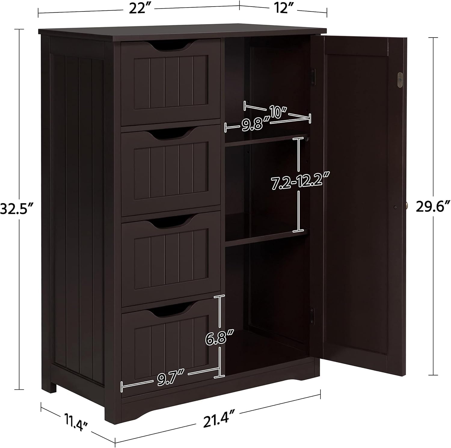 Brown Wooden Bathroom Cabinet with 4 Drawers Cupboard-3