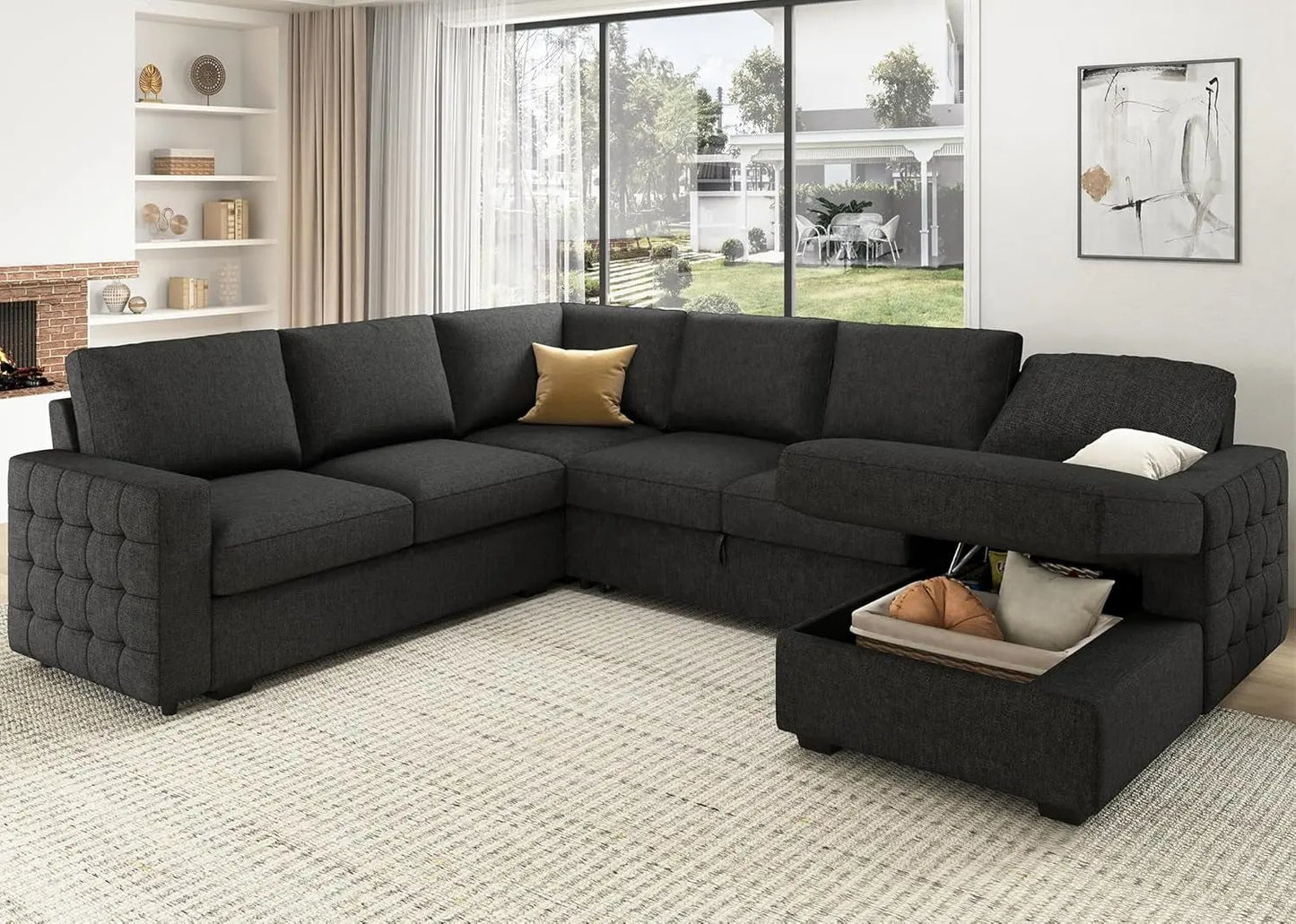 Sectional Sleeper Sofa with Pull Out Bed, Reversible Sectional Sleeper Couch with Storage Chaise U Shape Sectional Sofa, Dark Grey-0