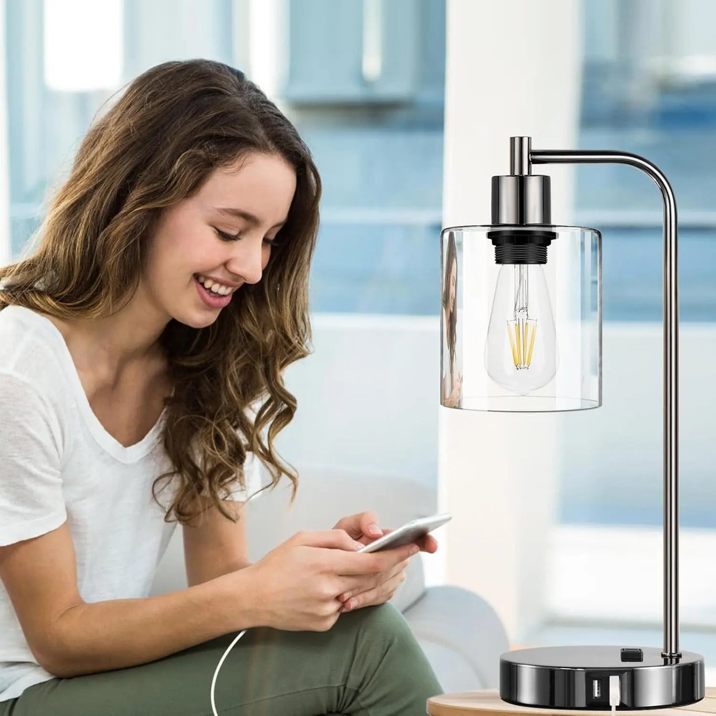 Industrial Touch Control Table Lamps Set of 2 - Black Nickel Bedside Lamps with 2 USB Ports & AC Outlet, 3-Way Dimmable Nightstand Desk Lamp for Bedroom Living Room, Glass Shade & 2 LED Bulbs Included-4