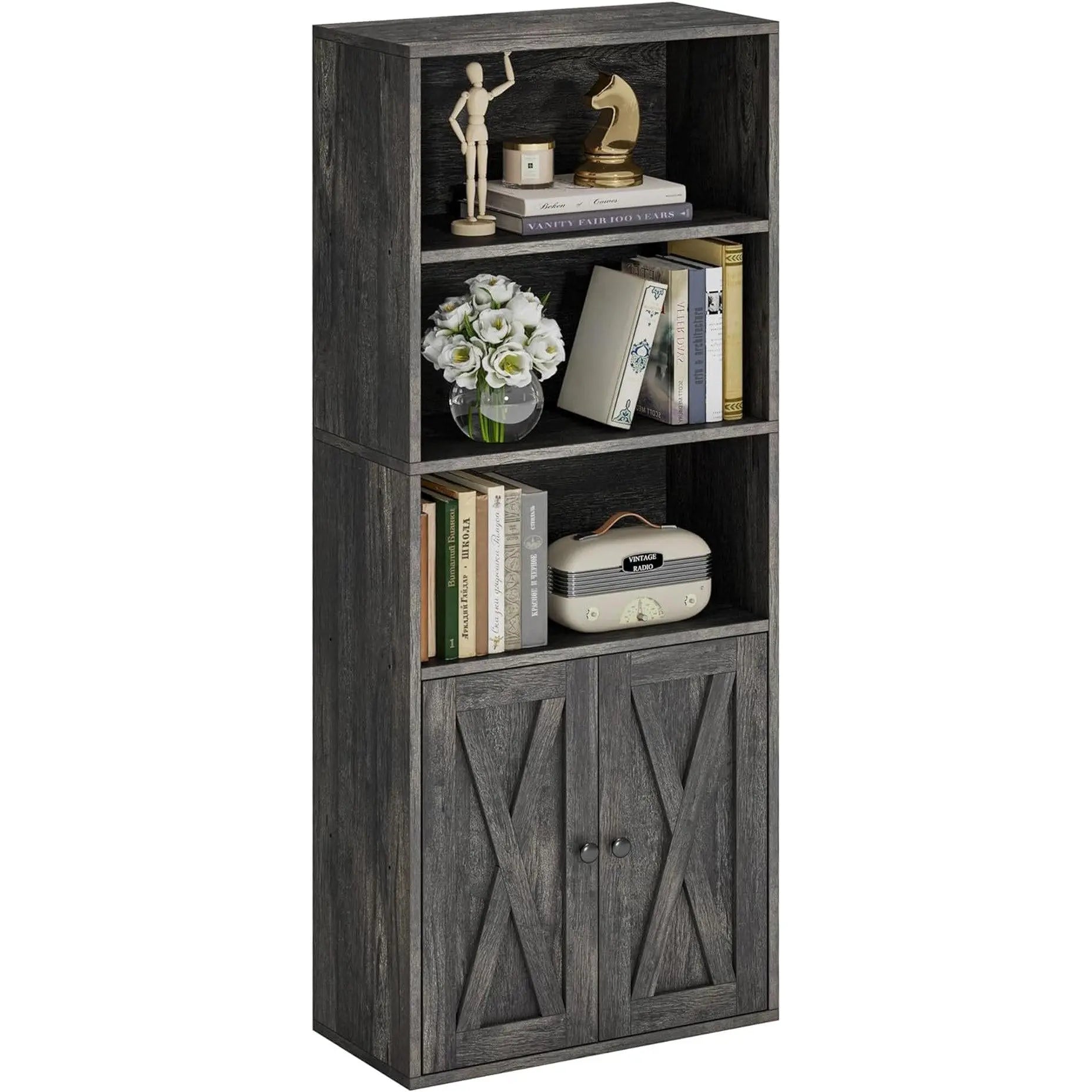 Industrial Bookshelves and Bookcases with Doors 11.8 in Depth Floor Standing 5 Shelf Display Storage Shelves Bookcase Home Decor Furniture for Home, Office, Living Room, Bedroom ShipItFurniture