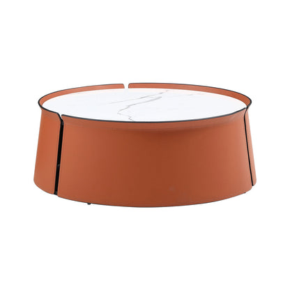 31.5" Coffee Table, Marble Top and Orange Saddle Leather Body G-BlakHom