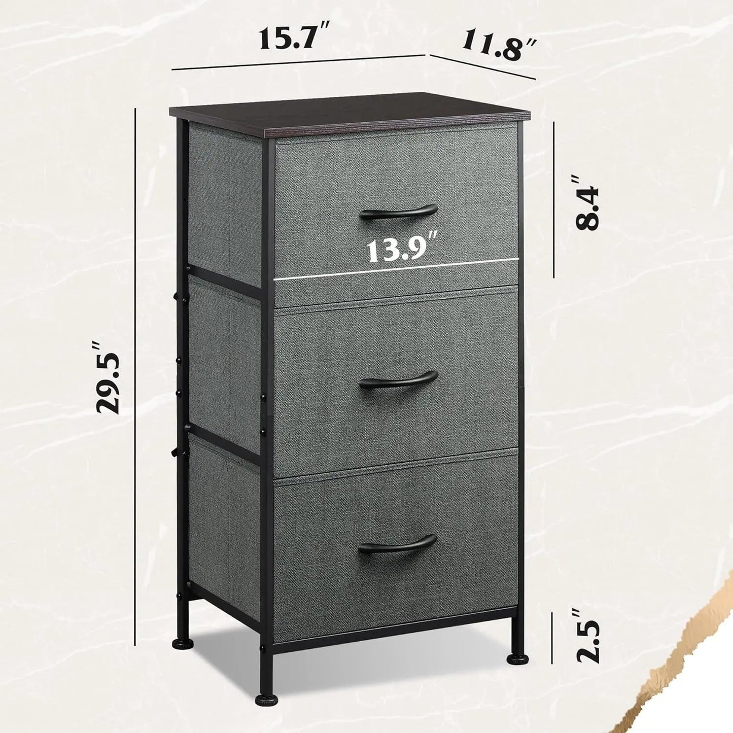 Dresser with 3 Drawers, Fabric Nightstand, Organizer Unit, Storage Dresser for Bedroom, Hallway, Entryway, Closets, Sturdy Steel Frame, Wood Top, Easy Pull Handle, Dark Grey-2