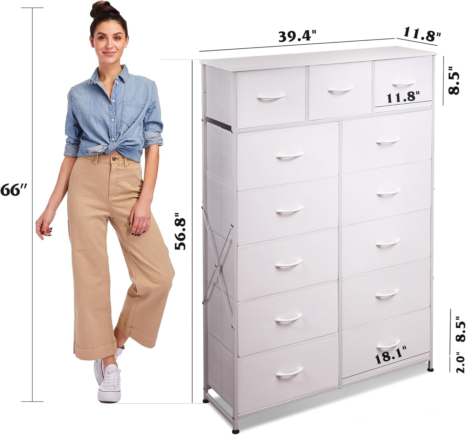 Tall Dresser for Bedroom with 13 Drawers, Storage Dresser Organizer Unit, Fabric Dresser for Bedroom, Closet, Chest of Drawers with Fabric Bins, Steel Frame, Wood Top, White-2