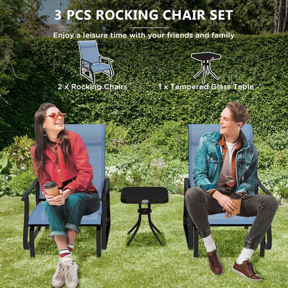 3-Piece Outdoor Gliders Set Bistro Set with Steel Frame, Tempered Glass Top Table for Patio, Garden, Backyard, Lawn, Light Blue ShipItFurniture