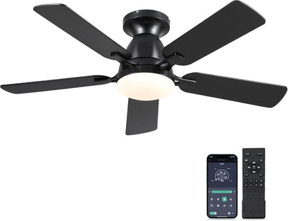 Ceiling Fans with Lights- 46" Low Profile Indoor Ceiling Fan with Light and Remote/App Control, Flush Mount, LED Dimmable DC Reversible Modern Ceiling Fan for Bedroom（Black） ShipItFurniture