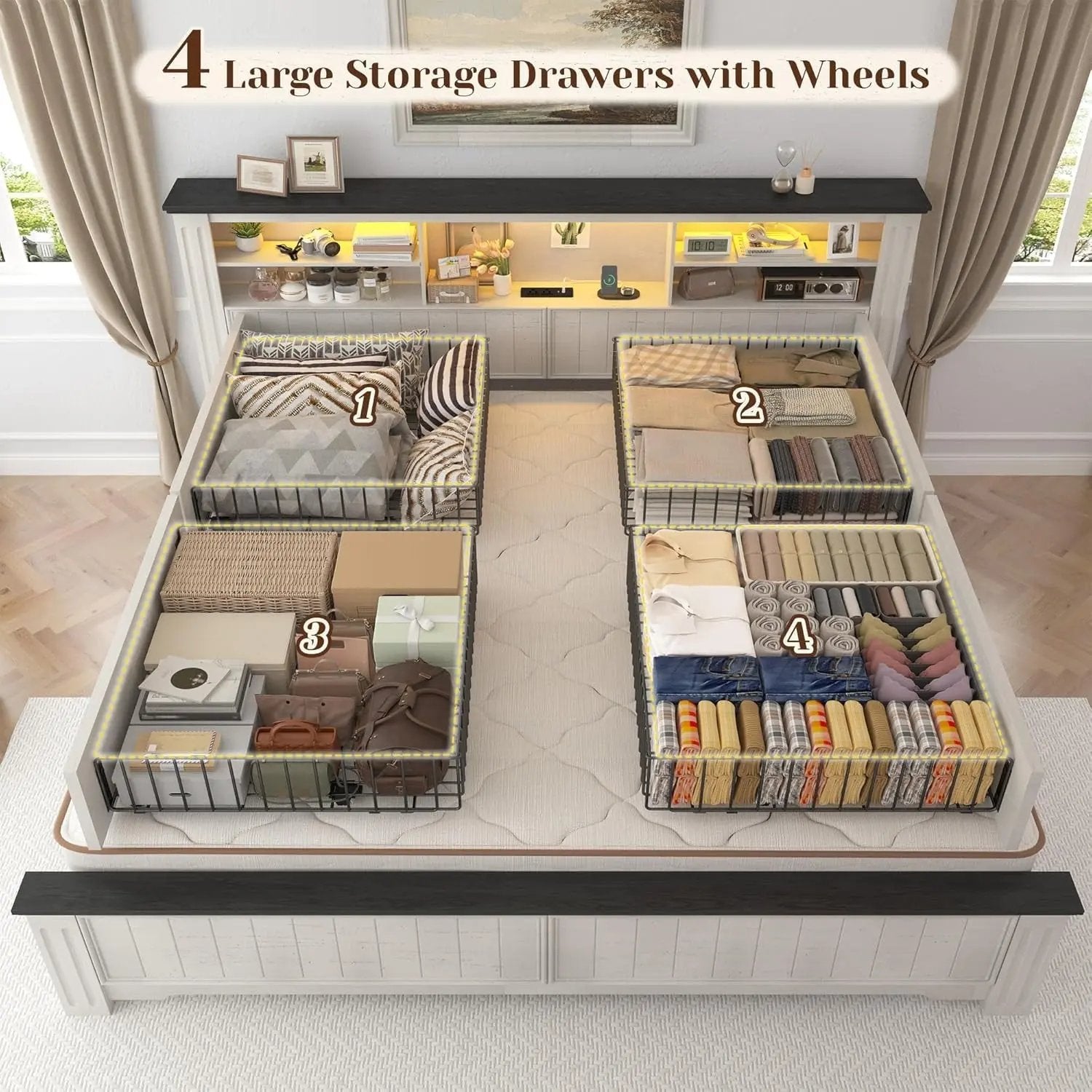 King Size Bed Frame With Storage Drawers And LED Charging Station For Bedroom No Box Spring Needed-4