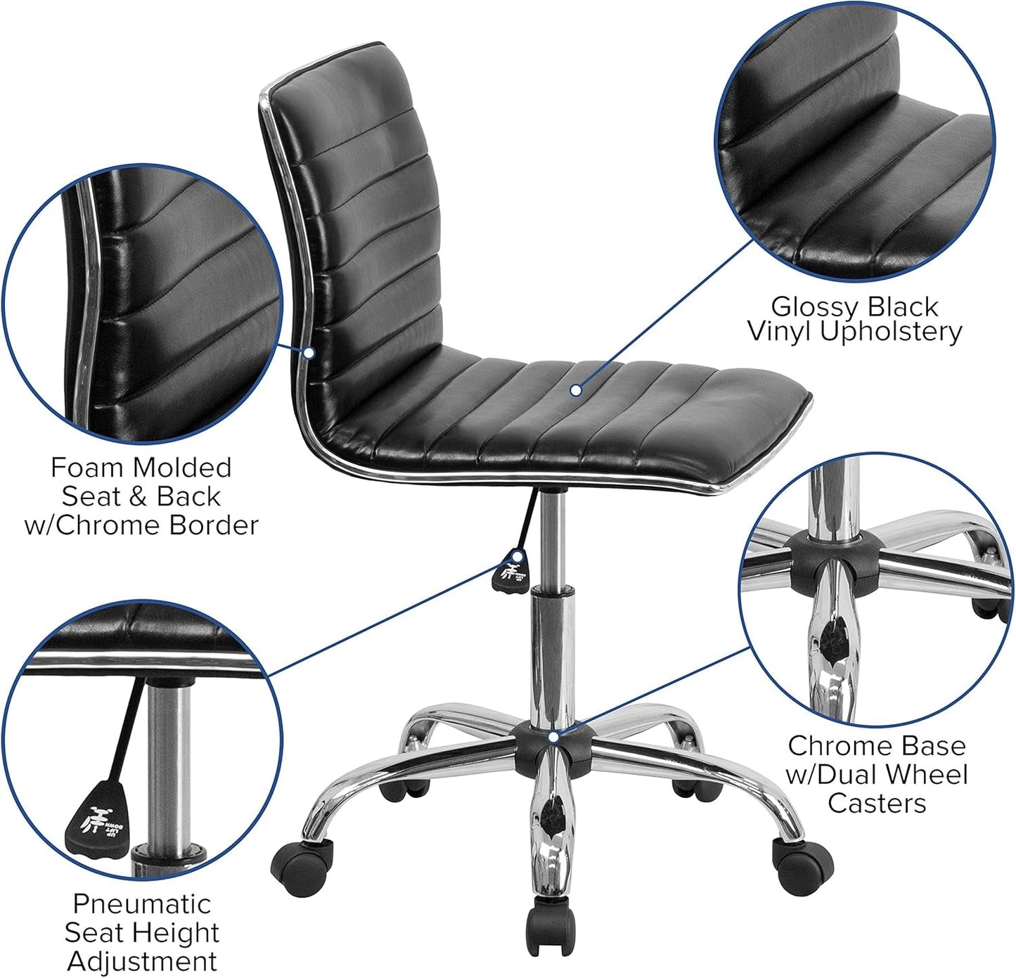 Alan Low Back Designer Armless Black Ribbed Swivel Task Office Chair ShipItFurniture