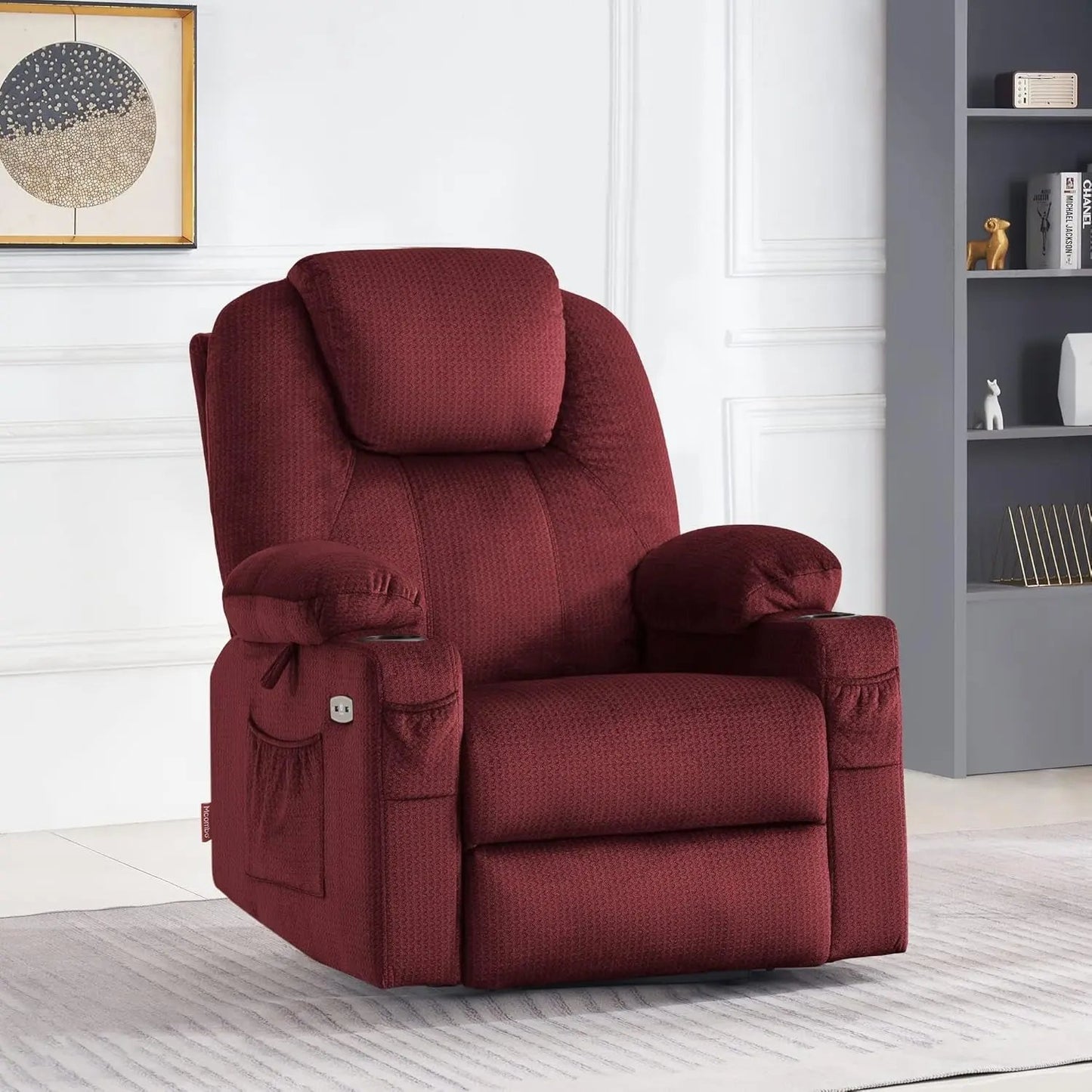 Large Power Lift Recliner Chair Sofa with Massage and Heat for Big and Tall Elderly People, 3 Positions, Cup Holders, and USB Ports, Extended Footrest, Fabric 7516(Large,Carmine Red) ShipItFurniture