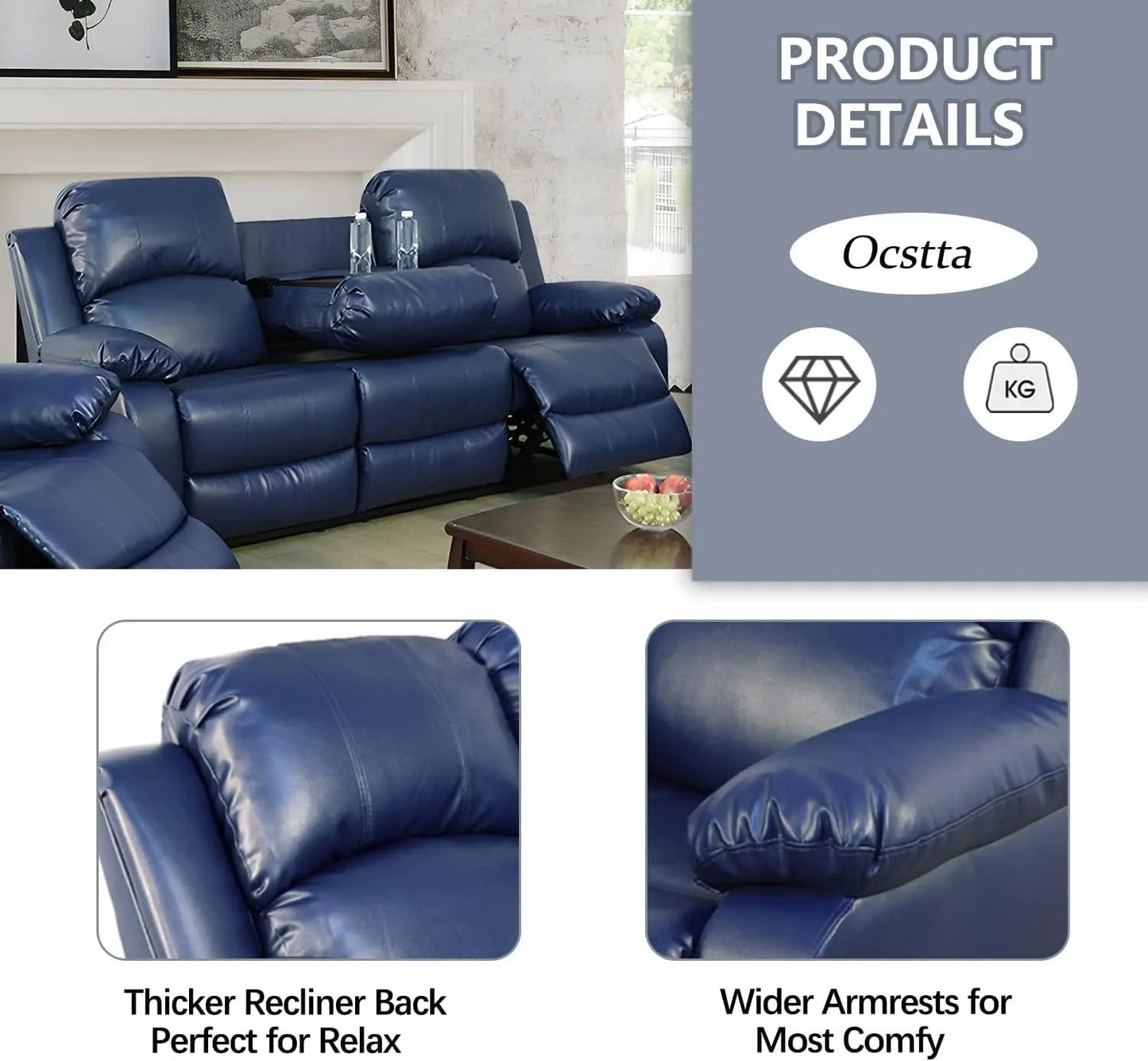 Manual Leather Recliner Sofa Set for Living Room Furniture Set,Leather Recliner Couch Set for Home/Office,Leather Couch Set for 3-Pieces(Sofa+Loveseat+Chair) Blue-3