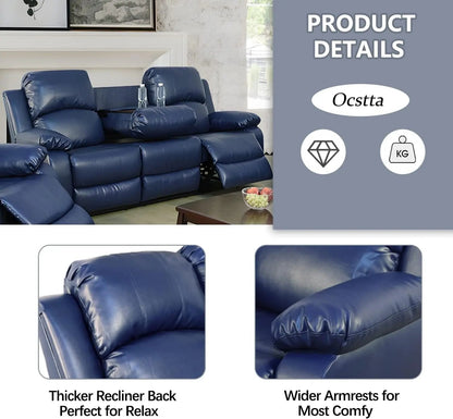 Manual Leather Recliner Sofa Set for Living Room Furniture Set,Leather Recliner Couch Set for Home/Office,Leather Couch Set for 3-Pieces(Sofa+Loveseat+Chair) Blue-3