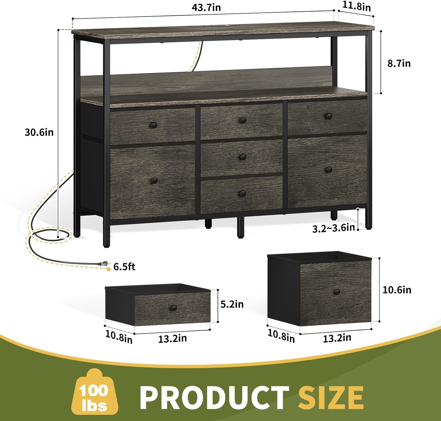 TV Stand Dresser for Bedroom, 7 Fabric Drawers Entertainment Center, LED Dressers with Power Outlets, TV Stands for Living Room with Storage Shelf, TV Console Entertainment Stand up to 50" TV ShipItFurniture