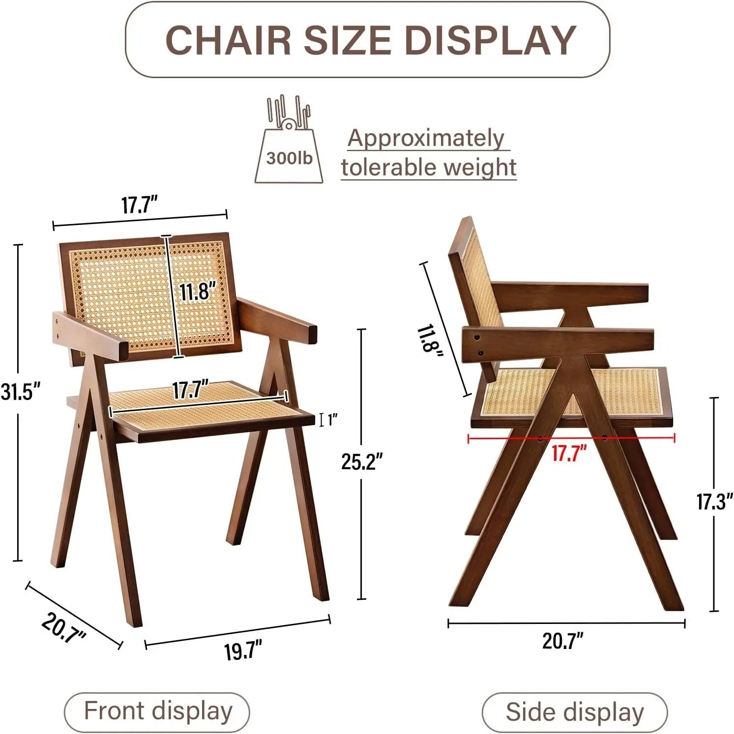 Rattan Dining Chairs Set of 2, Mid Century Modern Armchairs, Wooden Kitchen Chairs for Dining Room, Living Room, Walnut ShipItFurniture