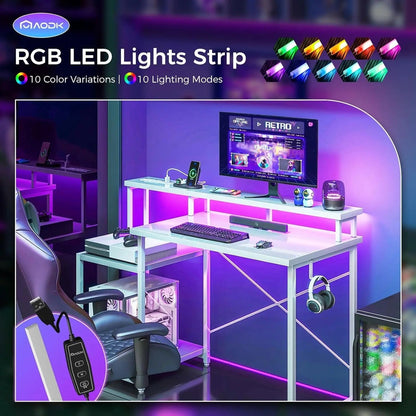 Computer Desk, 48 Inch Gaming Desk with Led Lights & Power Outlet, Office Desk with Printer Storage Shelves, Reversible Desk with Monitor Shelf & Headphone Hook, White-4