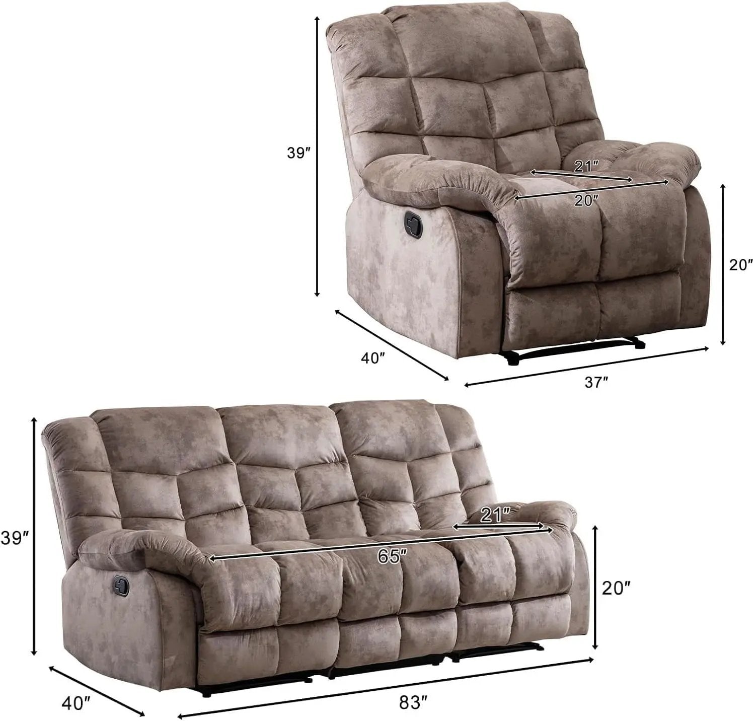 Manual Recliner Sofa Set Premium Quality Memory Foam Cushions Stain Resistant Upholstery Brown ShipItFurniture