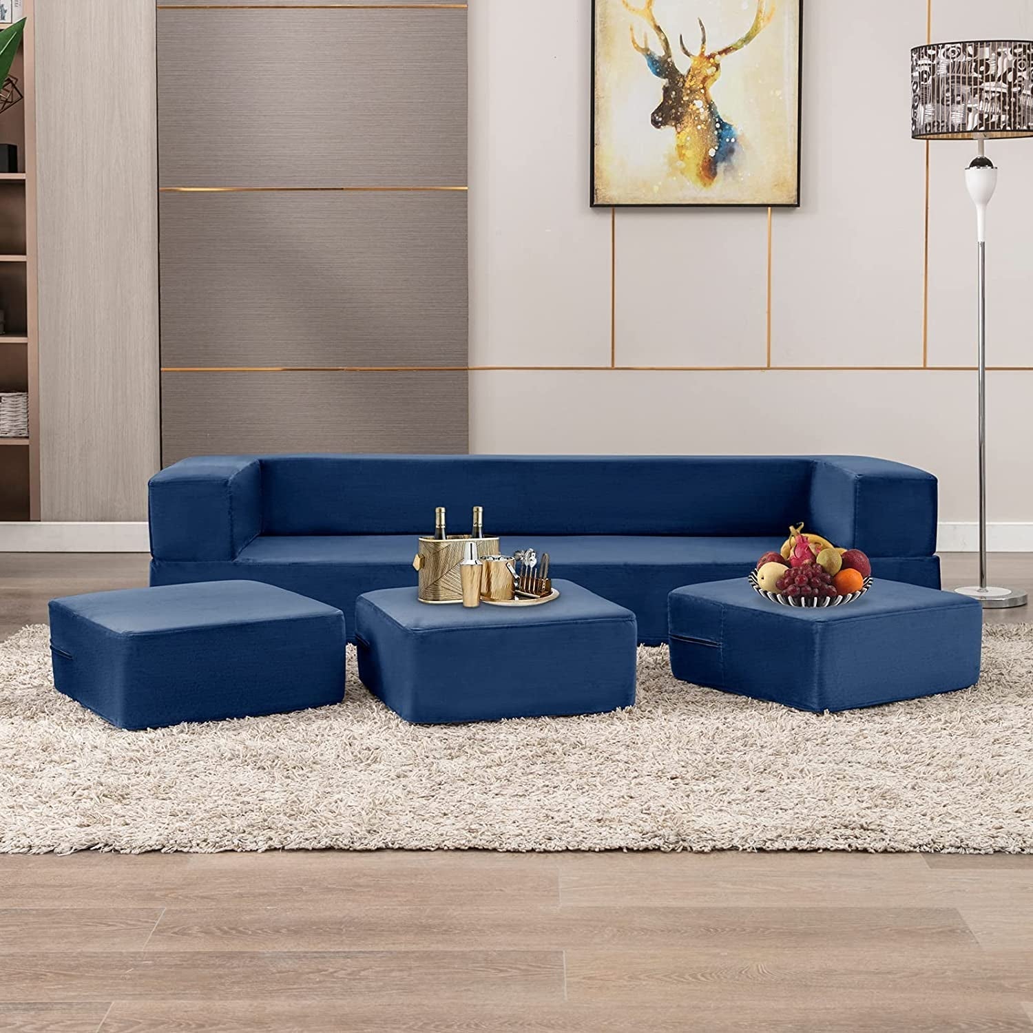 Blue Velvet Futon Sofa Bed with Ottomans ShipItFurniture