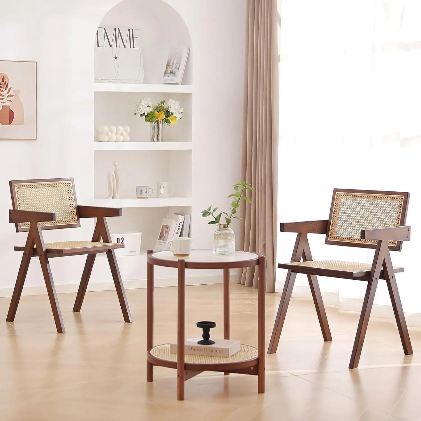 Rattan Dining Chairs Set of 2, Mid Century Modern Armchairs, Wooden Kitchen Chairs for Dining Room, Living Room, Walnut ShipItFurniture