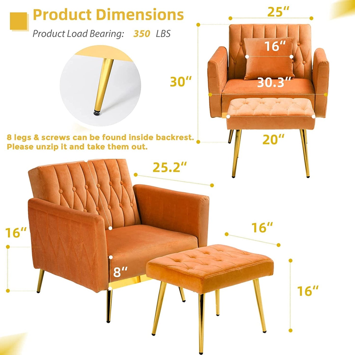 Adjustable Velvet Armchair with Ottoman, Orange ShipItFurniture