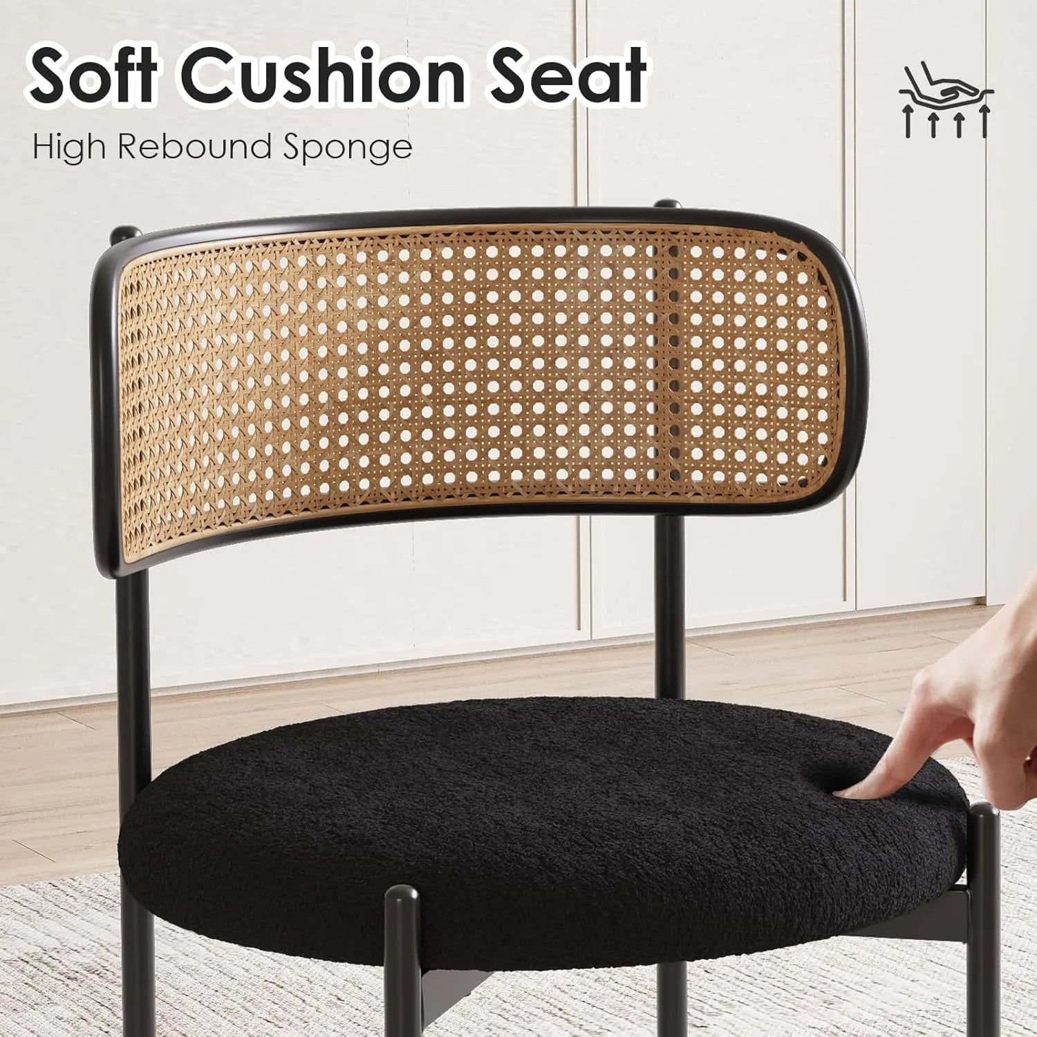 Kitchen Chairs Set of 4, Mid-Century Modern Dining Chairs,Kitchen Dining Room Chairs, Rattan Backrest round Upholstered Sherpa Dining Chairs,Black-2