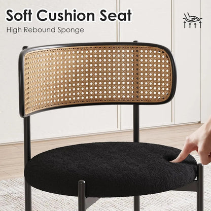 Kitchen Chairs Set of 4, Mid-Century Modern Dining Chairs,Kitchen Dining Room Chairs, Rattan Backrest round Upholstered Sherpa Dining Chairs,Black-2