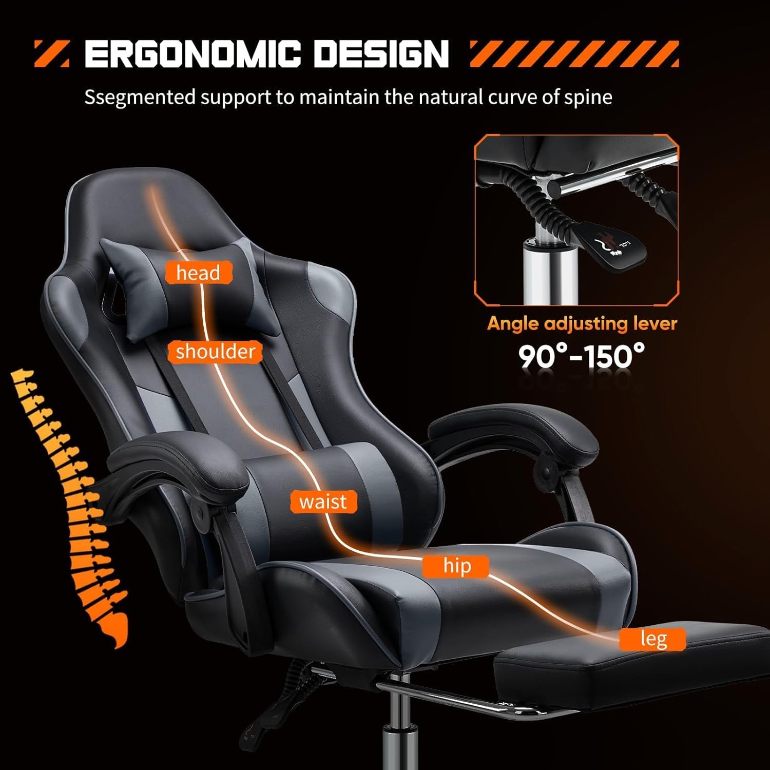 Video Game Desk Chair - Ergonomic Computer with Footrest and Comfy Lumbar Support, PU Leather Recliner with Headrest, Fixed up Armrest, Height Adjustable with 360° Swivel, for Adults, Grey ShipItFurniture