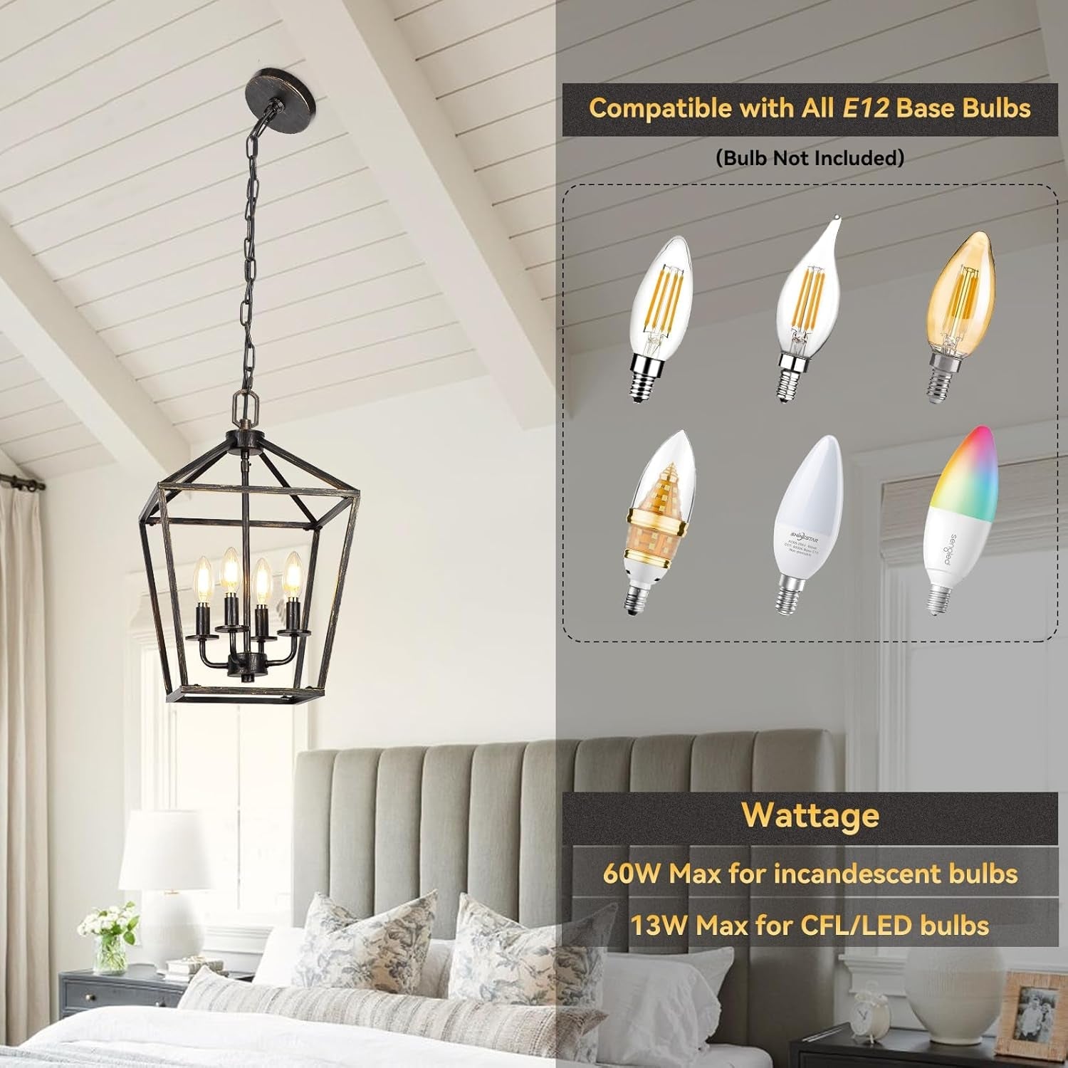 4 Light Chandelier Lighting, Industrial Ceiling Light Black Lantern with Brushed Gold, Geometric Metal Hanging Light Fixture with Adjustable Chain, E12 Base for Entryway Kitchen Island, Indoor Use ShipItFurniture
