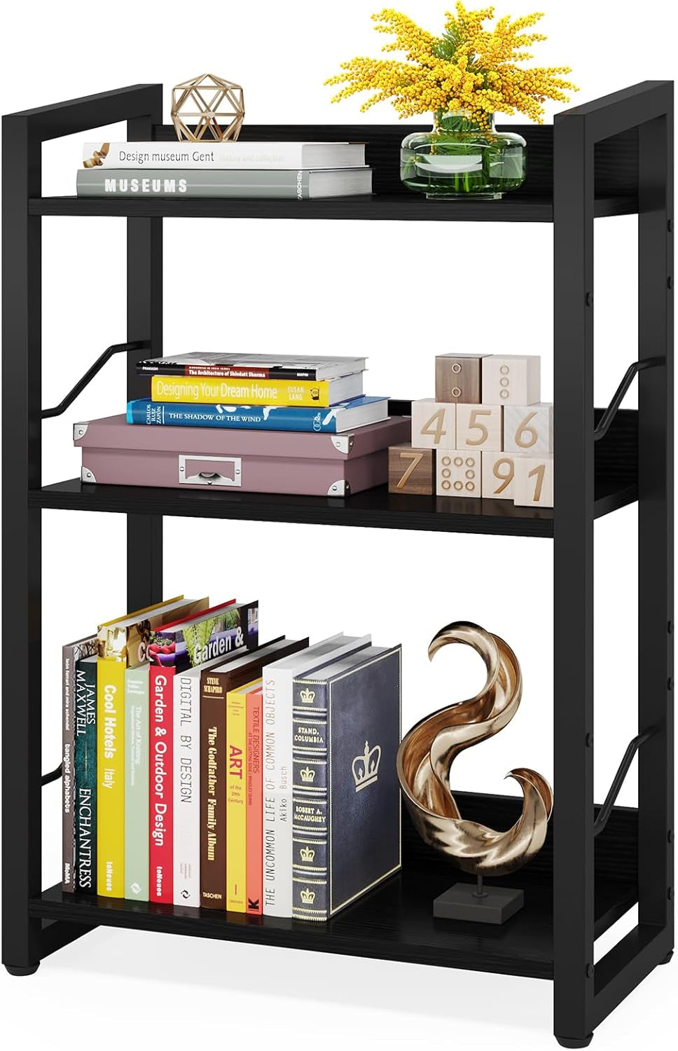 Book Shelf Small Bookshelf - 3-Tier Wood Bookcase Industrial Bookshelf Metal Narrow Bookcase Storage Organizer Display Rack for Bedroom Living Room Home Office (Black)-0