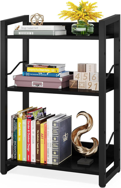 Book Shelf Small Bookshelf - 3-Tier Wood Bookcase Industrial Bookshelf Metal Narrow Bookcase Storage Organizer Display Rack for Bedroom Living Room Home Office (Black)-0