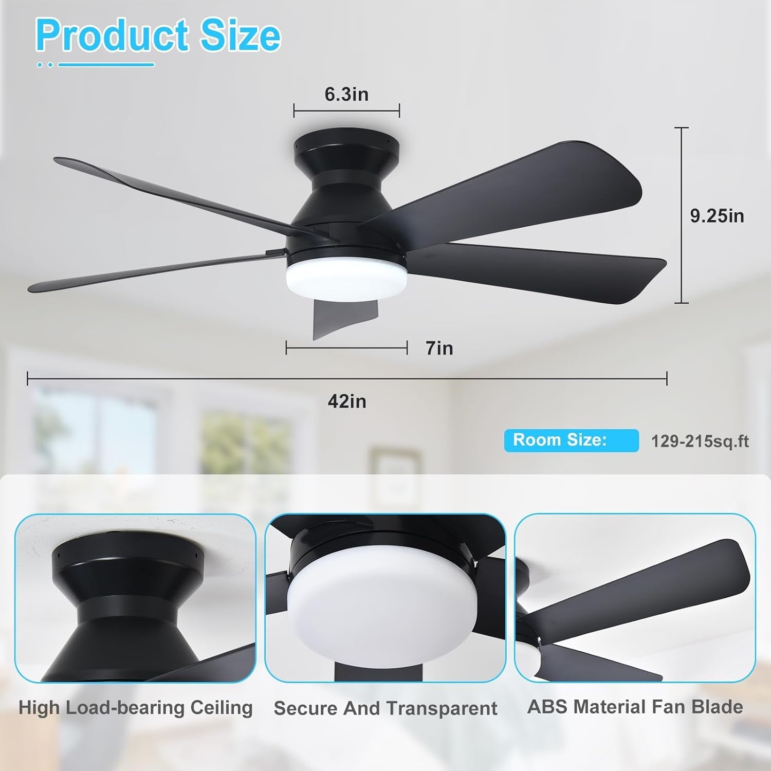 Black42InchCeilingFanWithDimmableLEDLightRemoteControlledFlushMountIndoorOutdoorReversibleBlades5Speeds-1