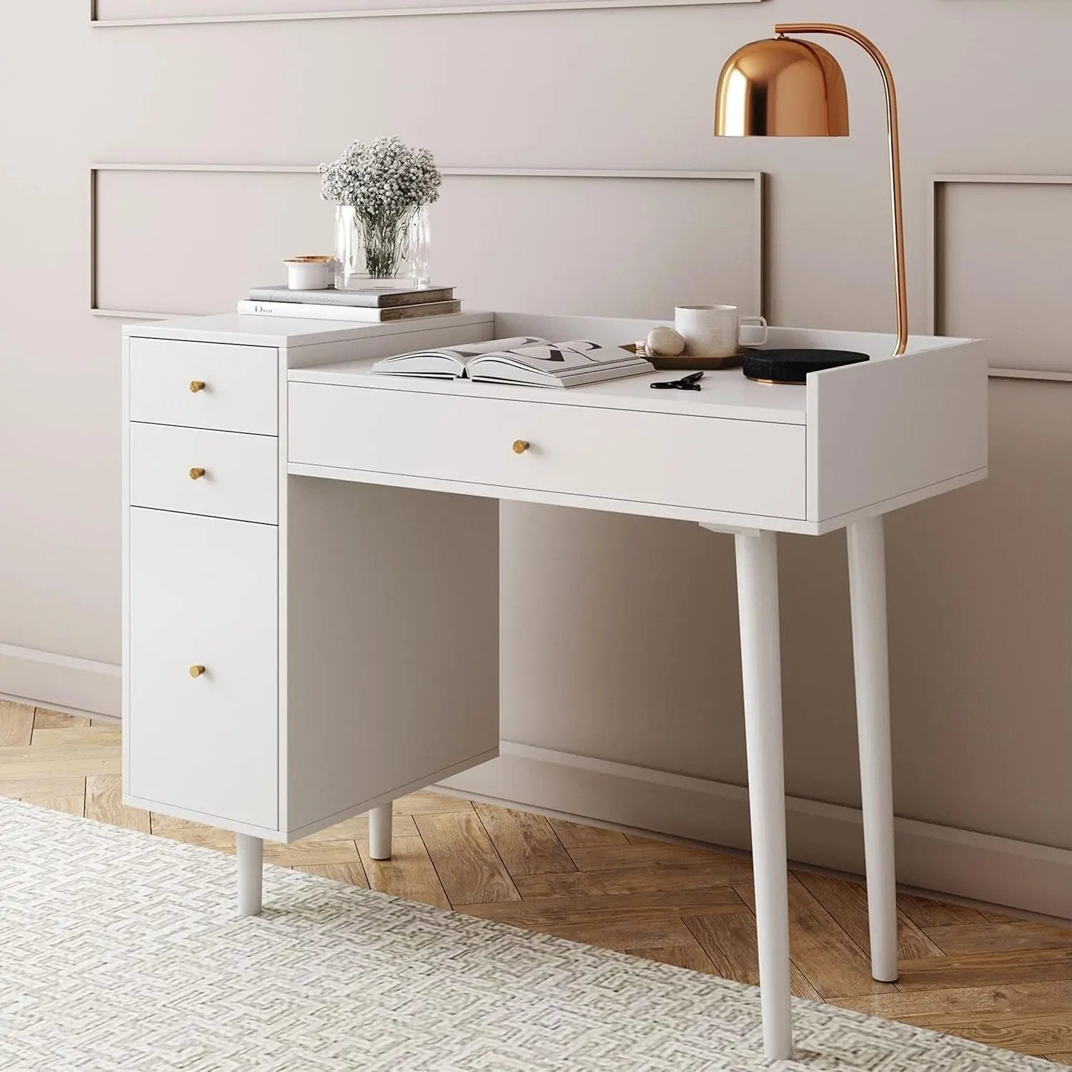 Daisy Vanity Dressing Table or Makeup Desk with 4-Drawers and Brass Accent Knobs, White Wood ShipItFurniture