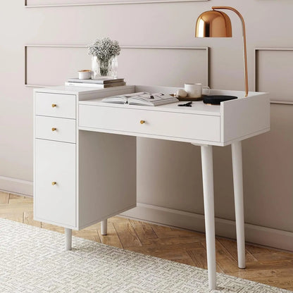 Daisy Vanity Dressing Table or Makeup Desk with 4-Drawers and Brass Accent Knobs, White Wood ShipItFurniture
