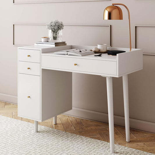 Daisy Vanity Dressing Table or Makeup Desk with 4-Drawers and Brass Accent Knobs, White Wood ShipItFurniture