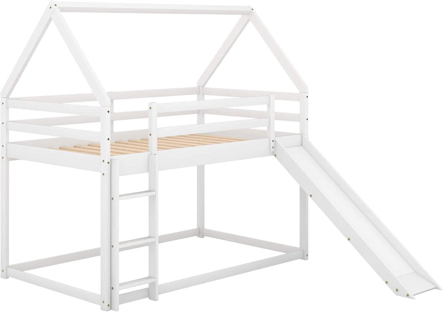 Twin over Twin House Bunk Bed with Slide,Floor Bunk Beds with Ladder for Kids,Solid Wood Twin Size Low Bunk Bed for Girls Boys-4