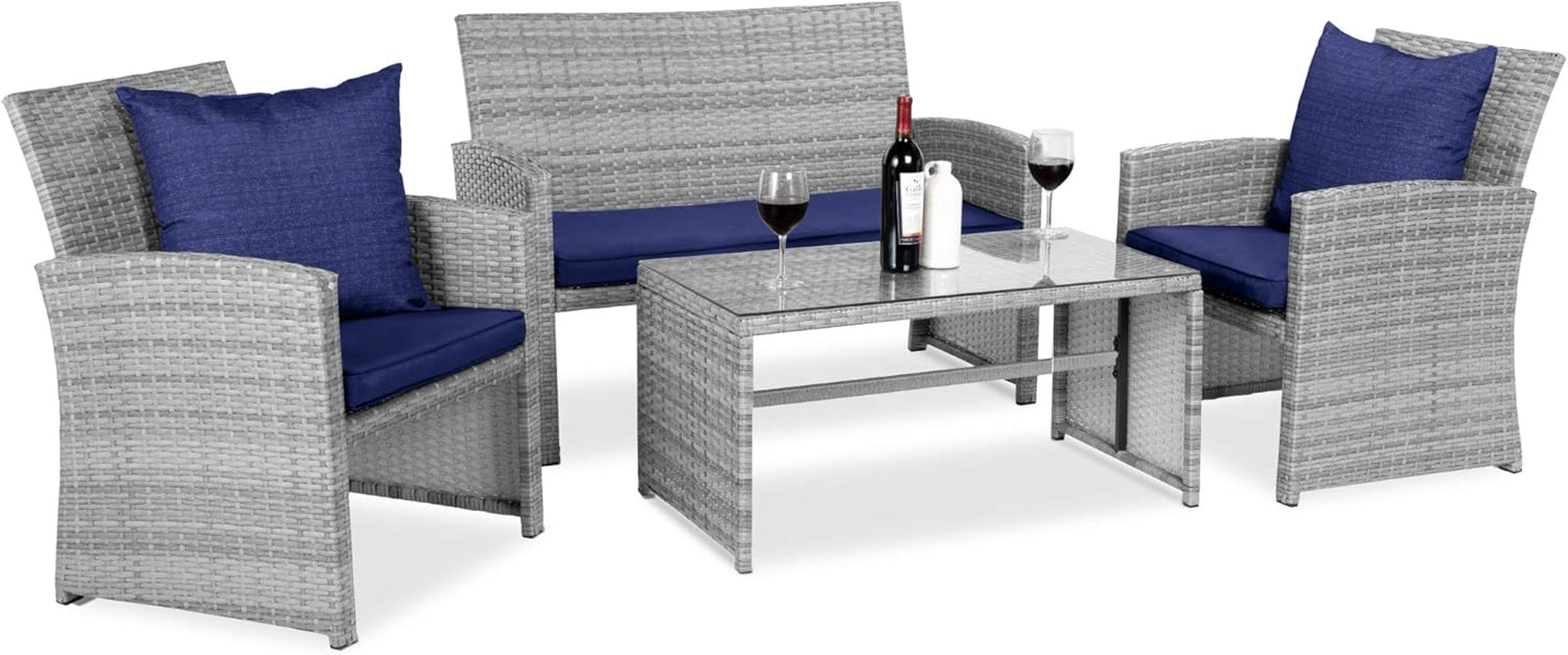 4-Piece Outdoor Wicker Patio Conversation Furniture Set for Backyard W/Coffee Table, Seat Cushions - Gray/Navy ShipItFurniture