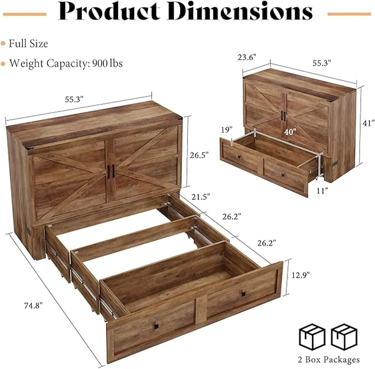 Full Murphy Bed Cabinet With Charging Station Foldable Platform Bed For Small Spaces ShipItFurniture