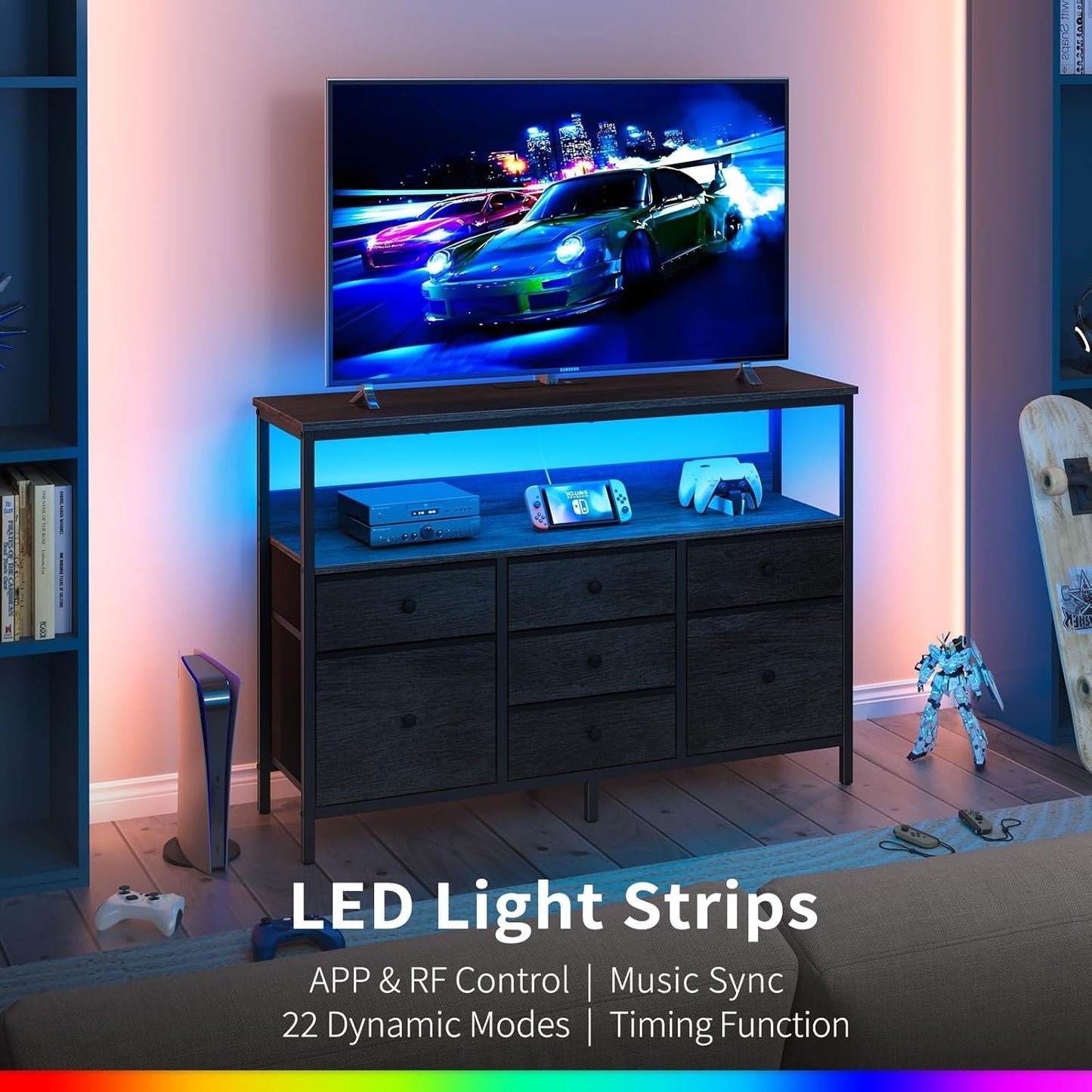 TV Stand Dresser for Bedroom, 7 Fabric Drawers Entertainment Center, LED Dressers with Power Outlets, TV Stands for Living Room with Storage Shelf, TV Console Entertainment Stand up to 50" TV ShipItFurniture