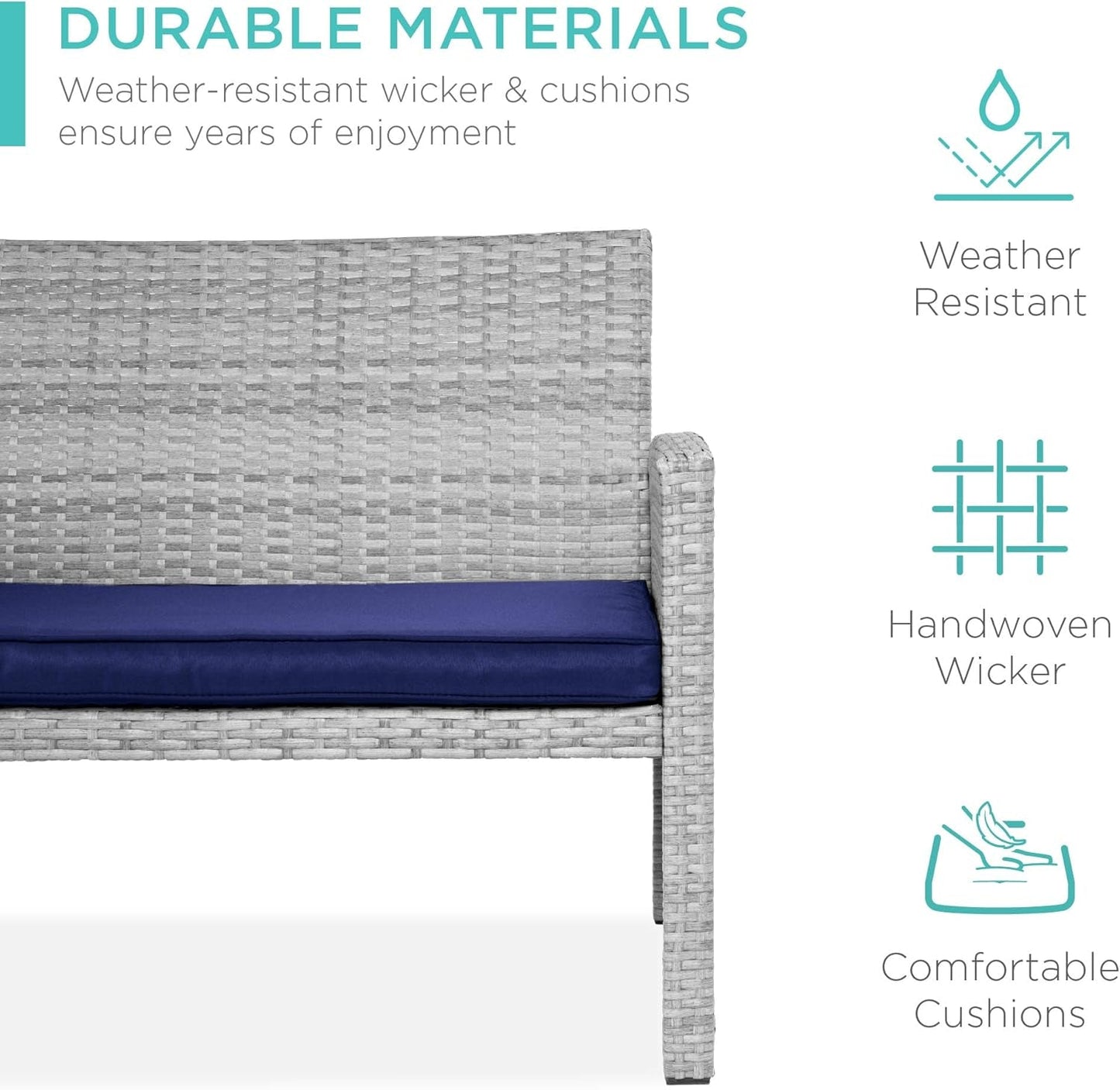 4-Piece Outdoor Wicker Patio Conversation Furniture Set for Backyard W/Coffee Table, Seat Cushions - Gray/Navy ShipItFurniture