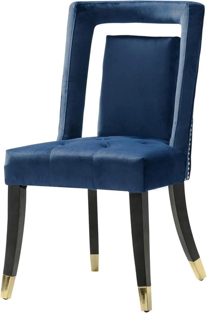 Elsie Dining Side Chair Velvet Upholstered Nailhead Trim Seat Espresso Finished Gold Tip Tapered Wood Legs Modern Transitional (Set of 2), Navy-2